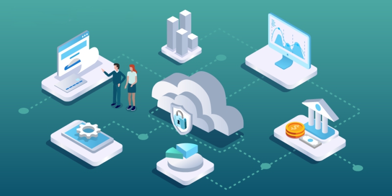 An animated illustration showing aspects revolving around cloud security
